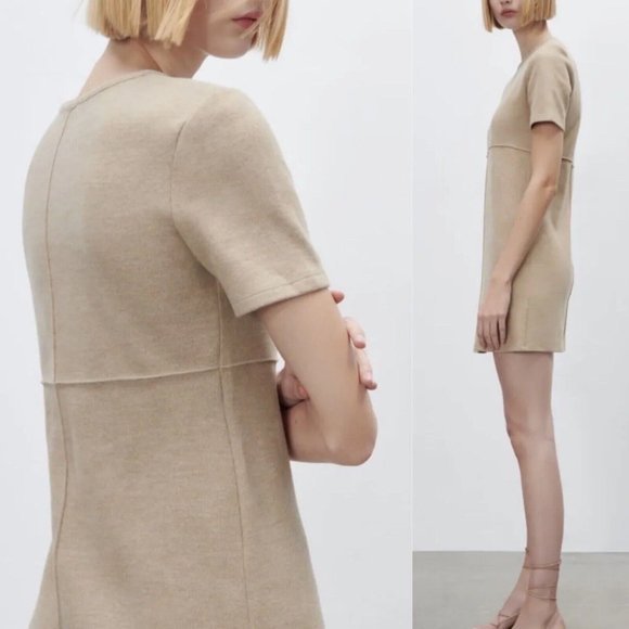 NEW ZARA Cotton Blend Knitted Mini Dress in light Camel Colour, Size M - Picture 2 of 15